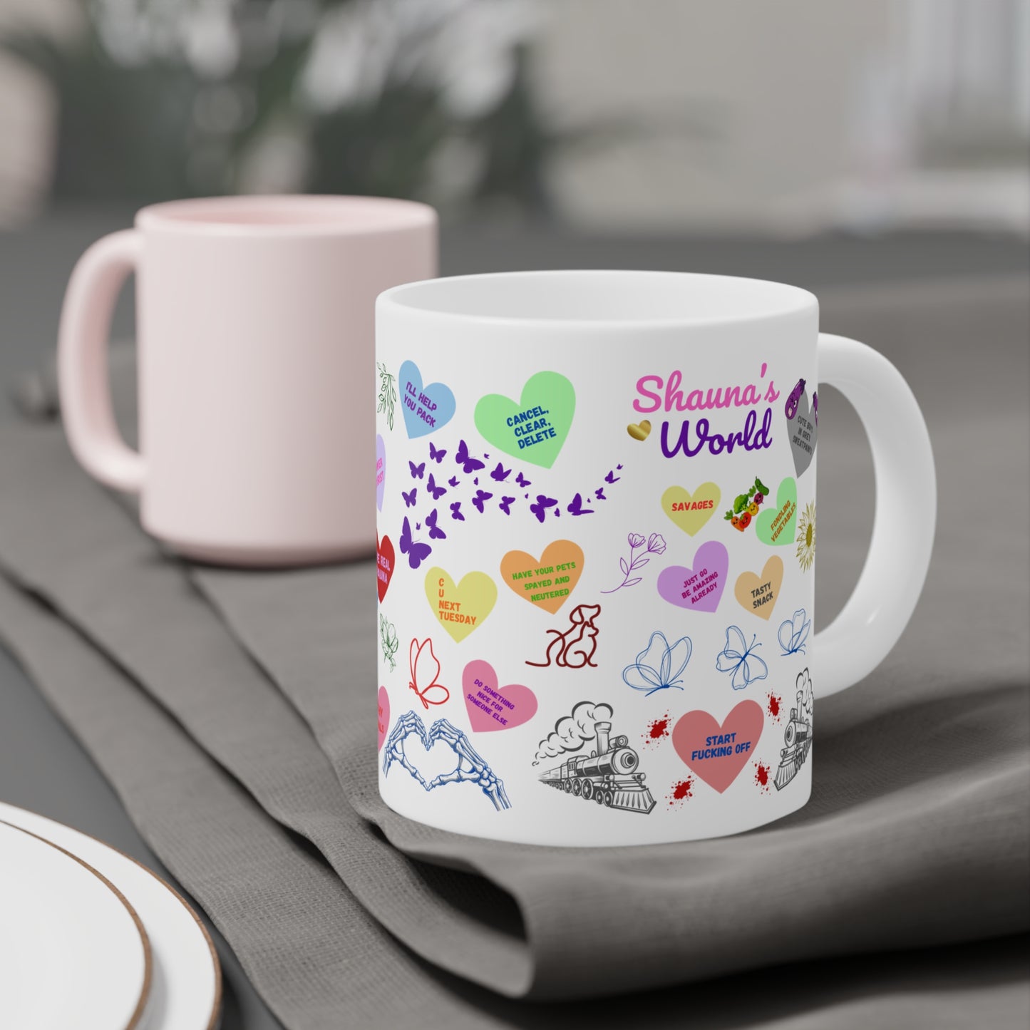 Ceramic Mug — Colorful Heart & Whimsy Message Design (Personalized Name Option)