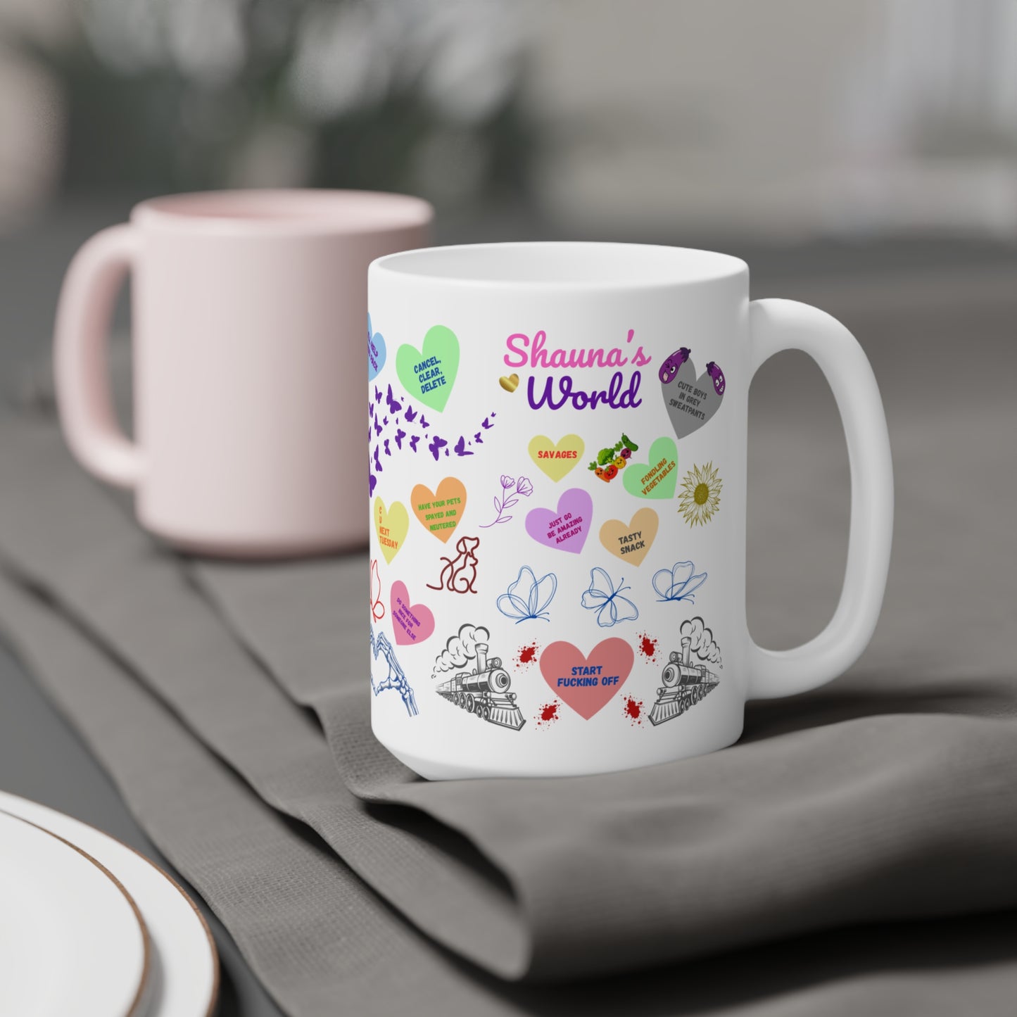 Ceramic Mug — Colorful Heart & Whimsy Message Design (Personalized Name Option)