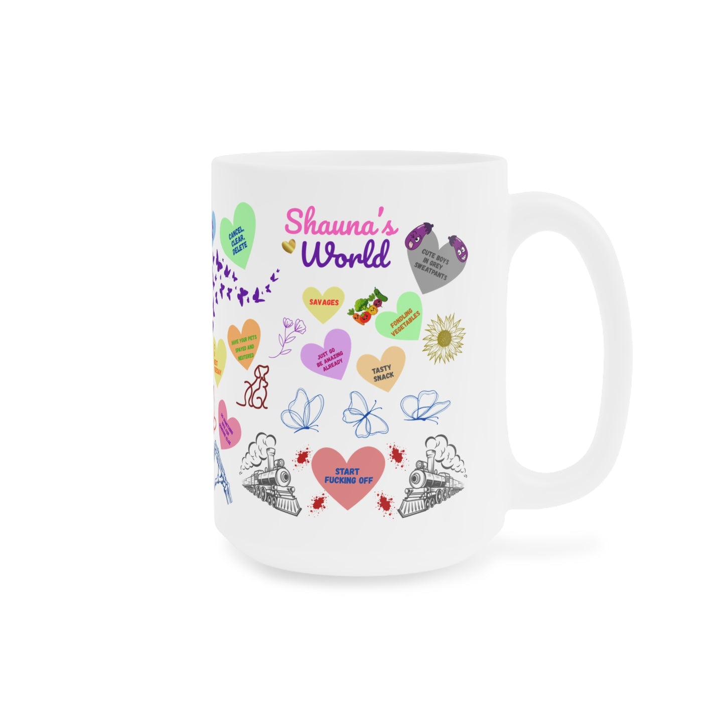 Ceramic Mug — Colorful Heart & Whimsy Message Design (Personalized Name Option)