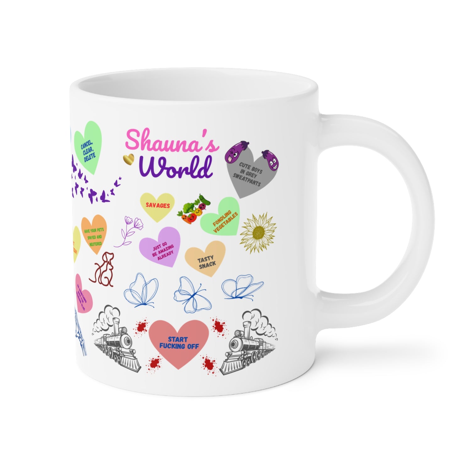 Ceramic Mug — Colorful Heart & Whimsy Message Design (Personalized Name Option)