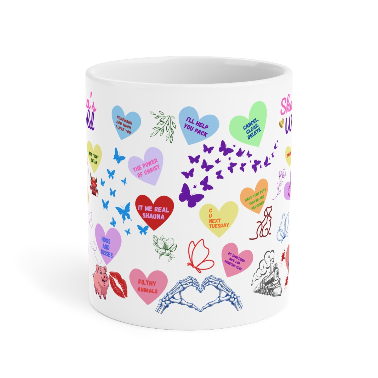 Ceramic Mug — Colorful Heart & Whimsy Message Design (Personalized Name Option)