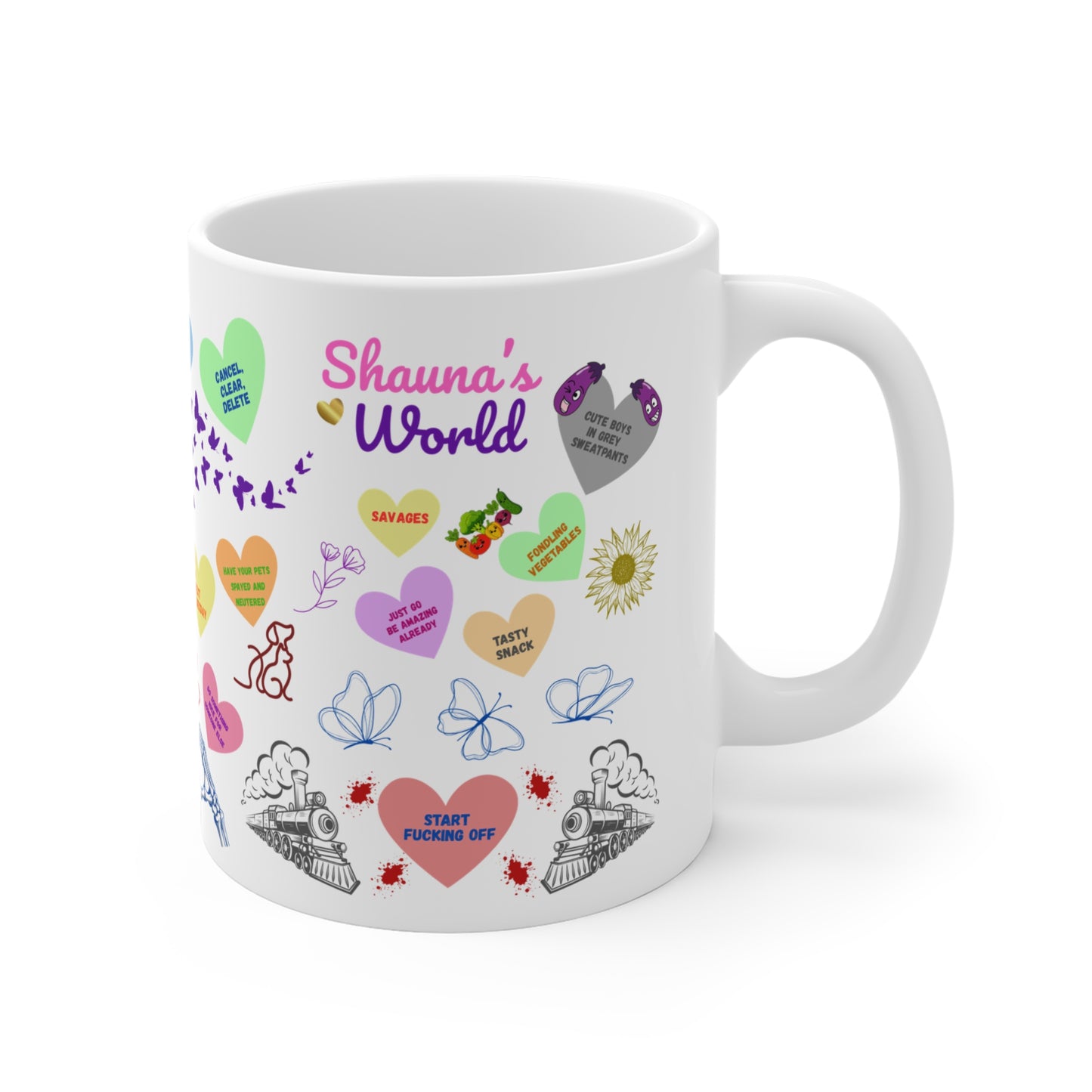 Ceramic Mug — Colorful Heart & Whimsy Message Design (Personalized Name Option)