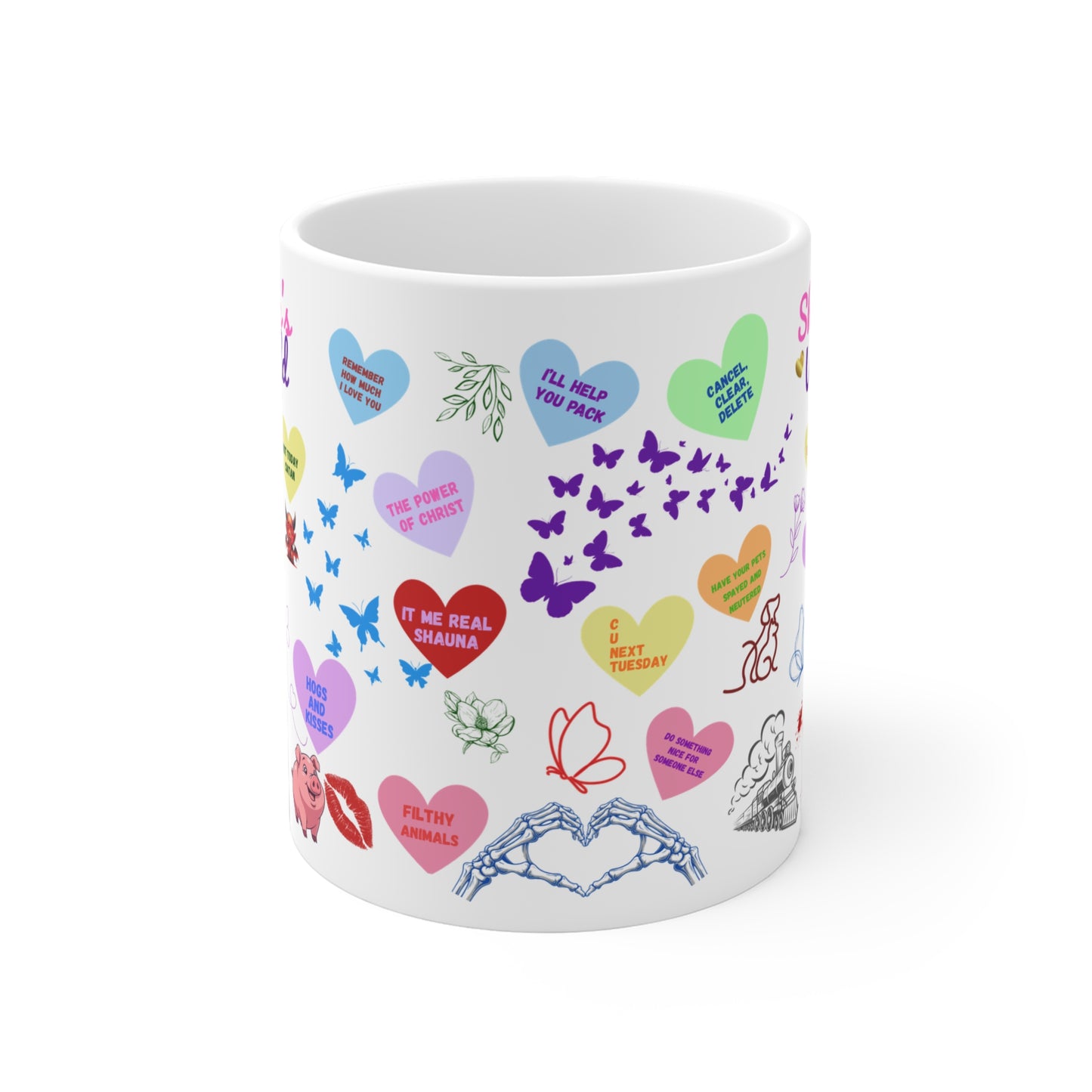 Ceramic Mug — Colorful Heart & Whimsy Message Design (Personalized Name Option)