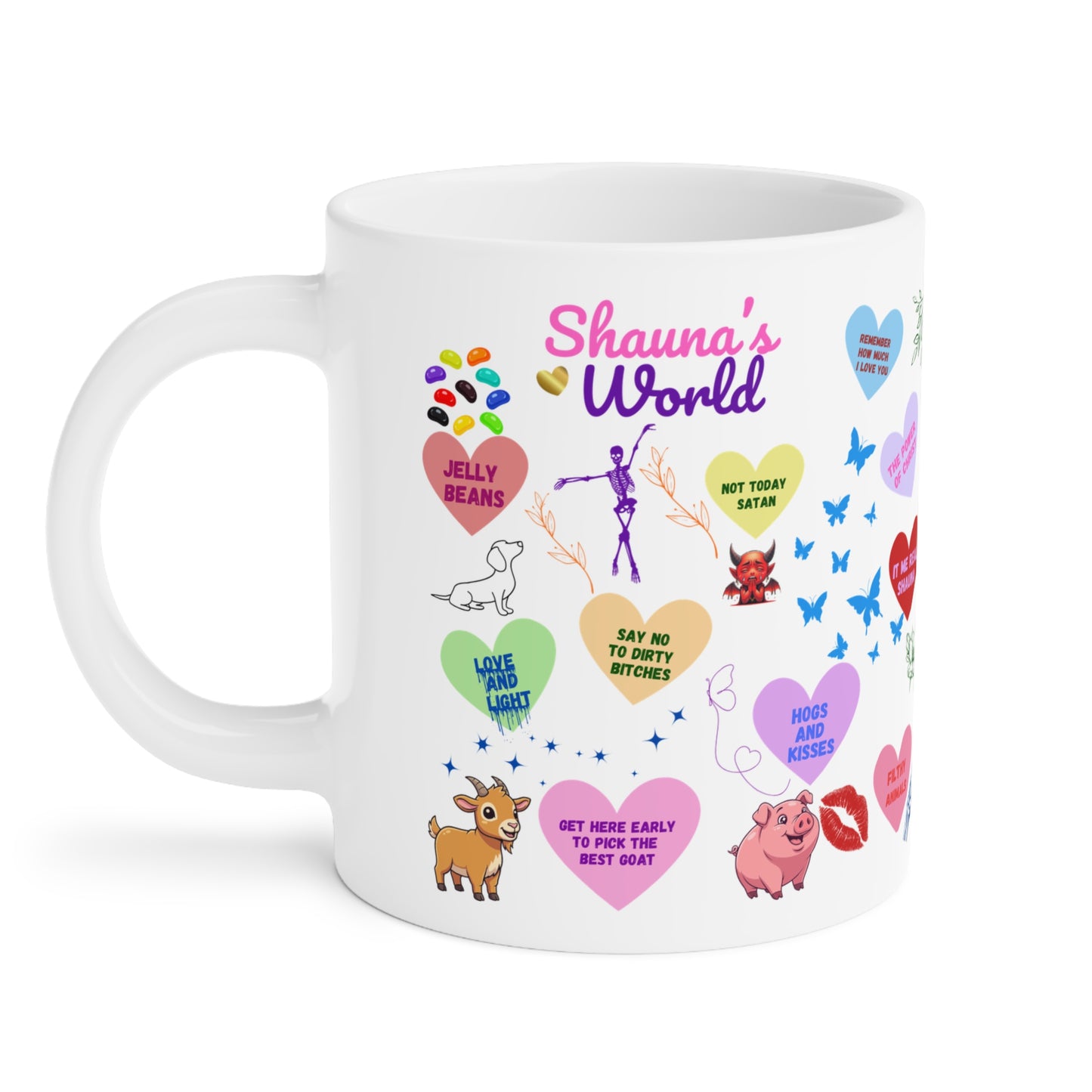Ceramic Mug — Colorful Heart & Whimsy Message Design (Personalized Name Option)